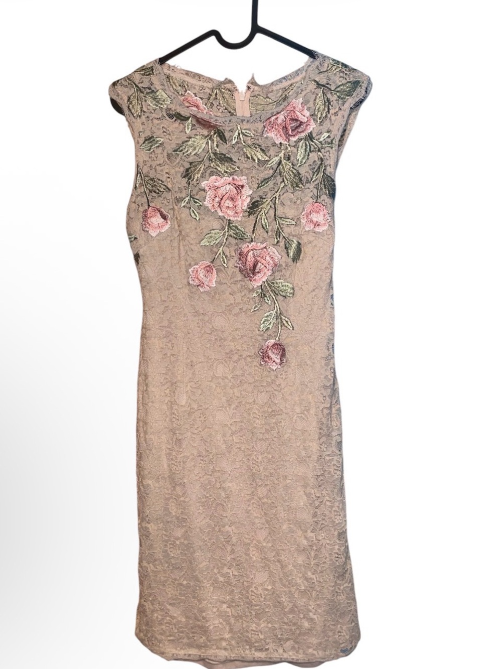 Adrianna Papell Beige Lace Midi Dress with Pink Rose Embroidery - Picture 1 of 5